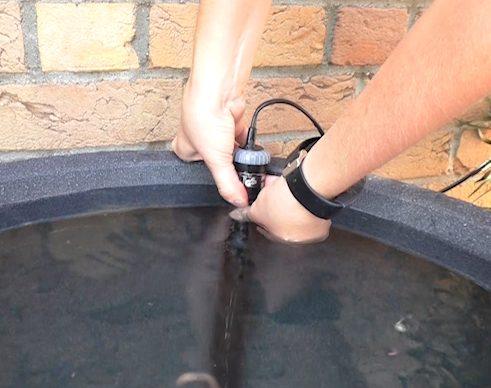 Der Aquarienheizer wird mittels Saugnapf oder Draht am Kübel befestigt und in das Wasser gehängt.